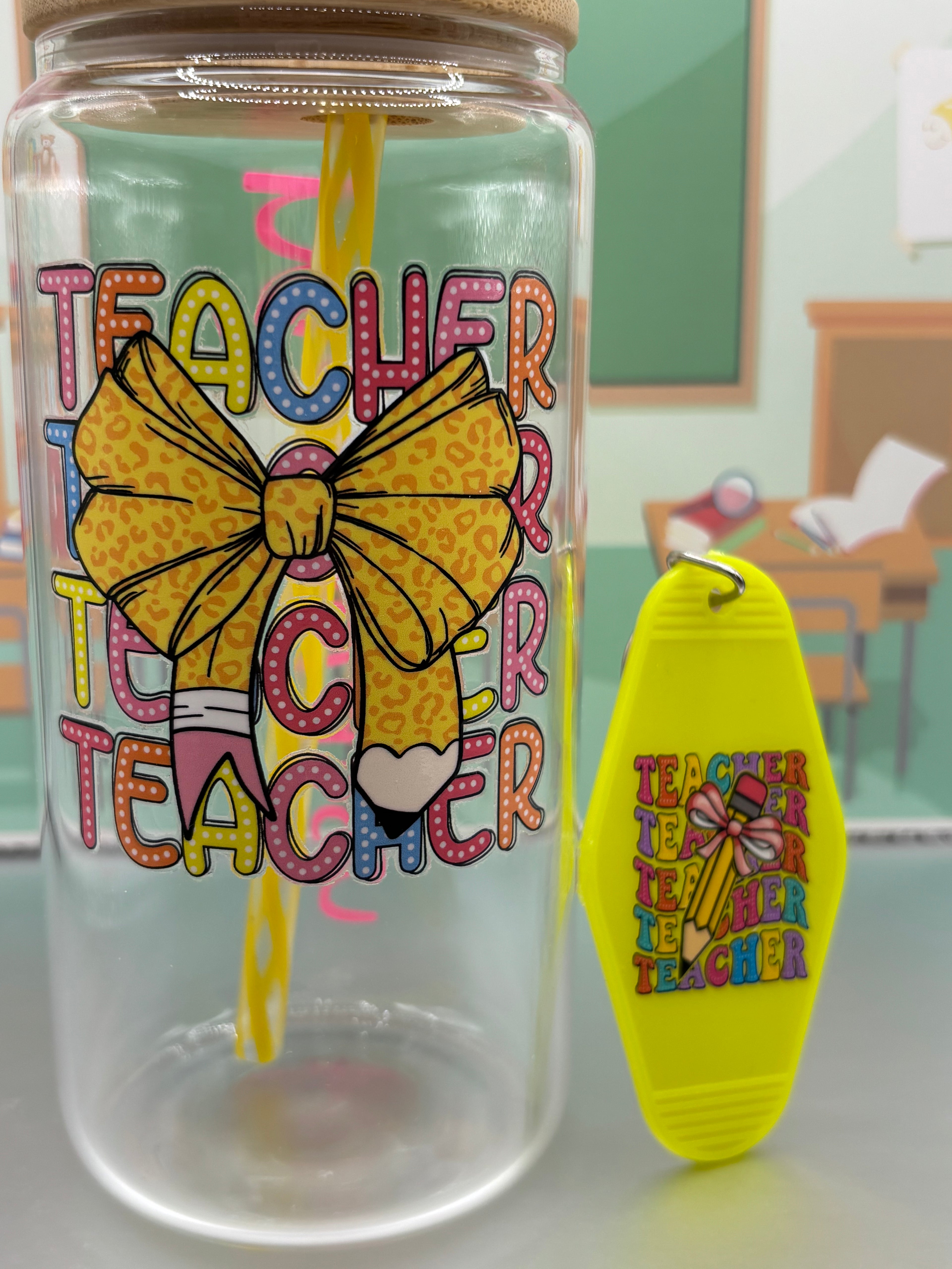 ✏️Teacher Glass Can + Matching Keychain Gift Set