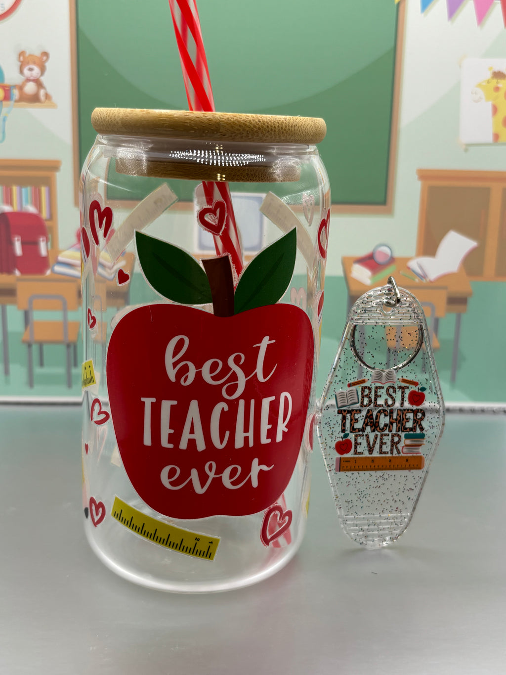 ✏️Teacher Glass Can + Matching Keychain Gift Set