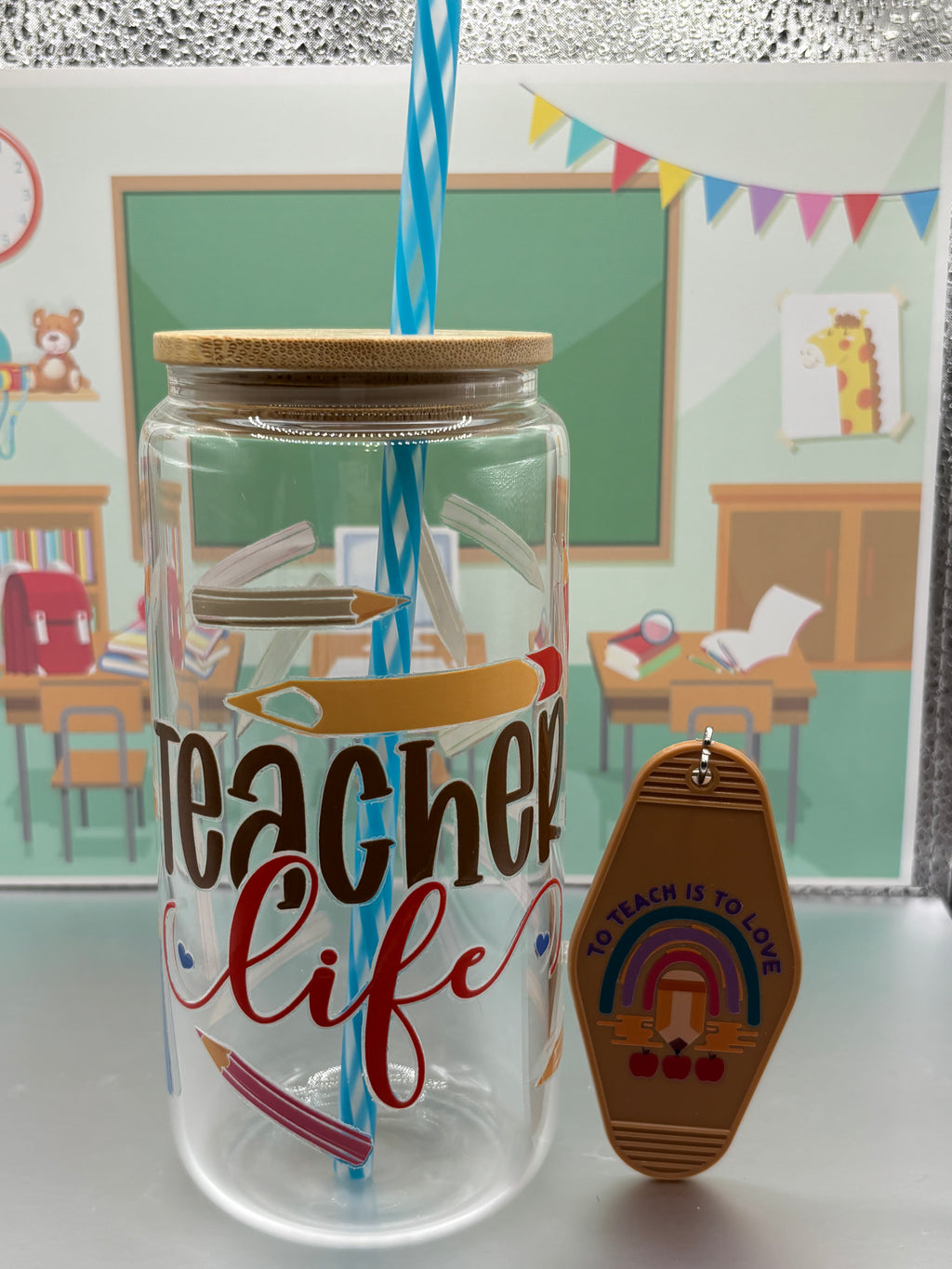✏️Teacher Glass Can + Matching Keychain Gift Set