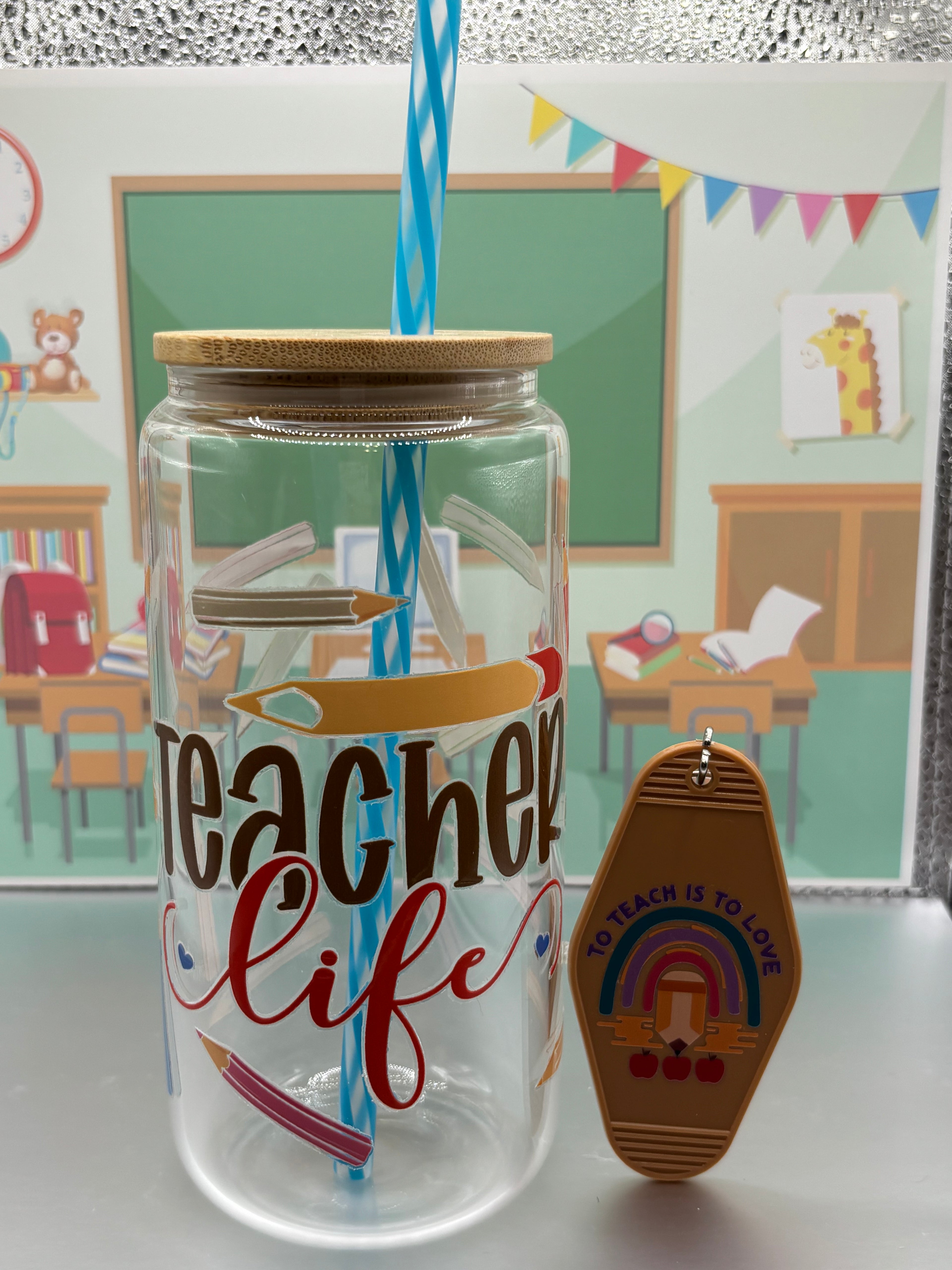 ✏️Teacher Glass Can + Matching Keychain Gift Set