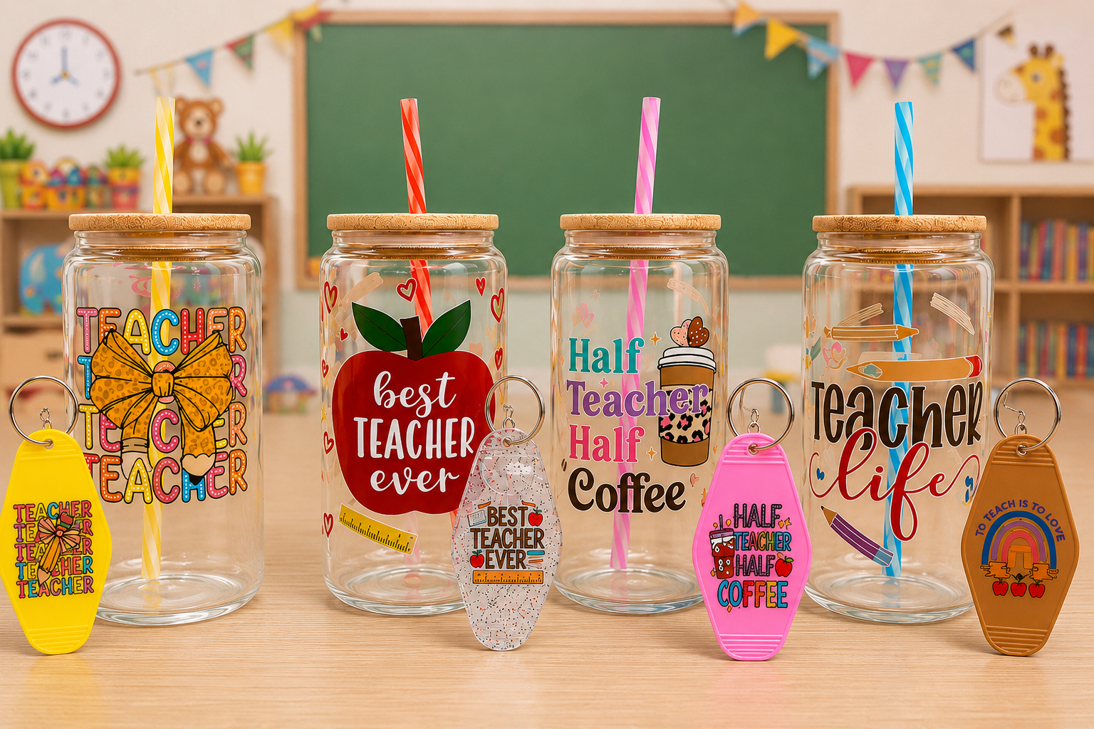 ✏️Teacher Glass Can + Matching Keychain Gift Set